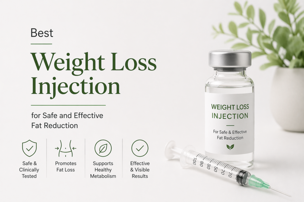 Minimal medical-themed banner featuring a weight loss injection vial and syringe with the text “Best Weight Loss Injection for Safe and Effective Fat Reduction” on a clean white background.