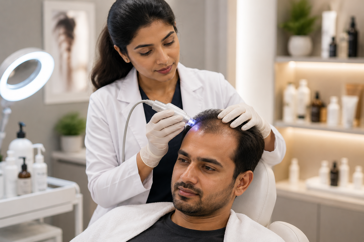 Hair restoration treatment in a clinic